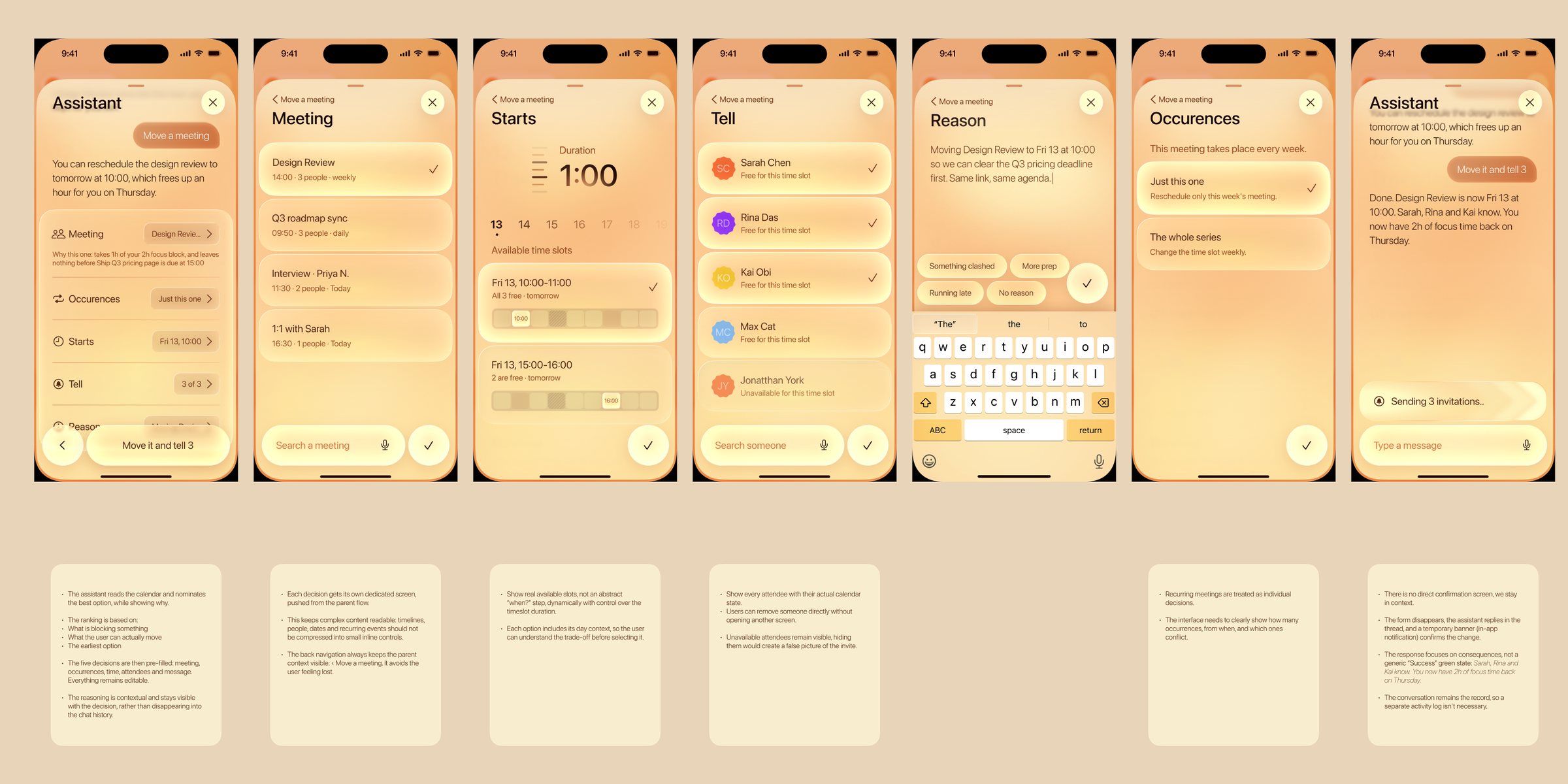 The Figma page: the Move a meeting flow, seven iPhone screens with their notes