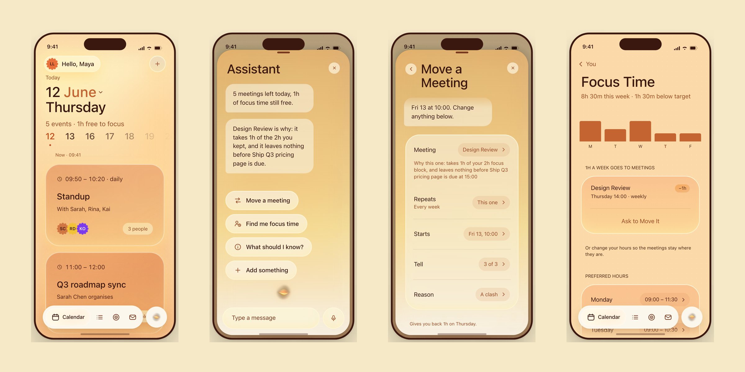 The live prototype: four screens of the coded app, home, assistant, move a meeting, focus time