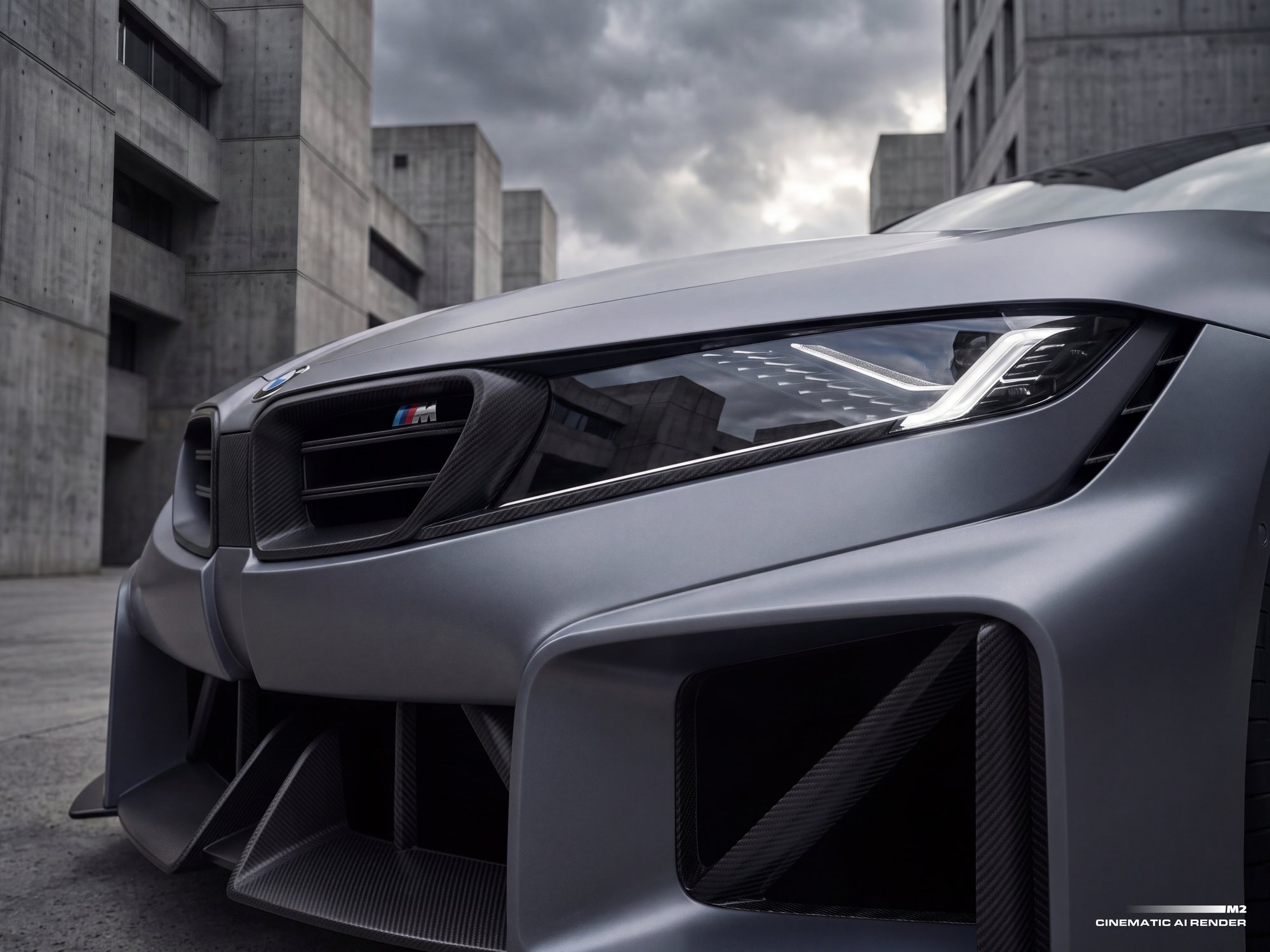 Cinematic render, front detail, the kidney grille and the headlight