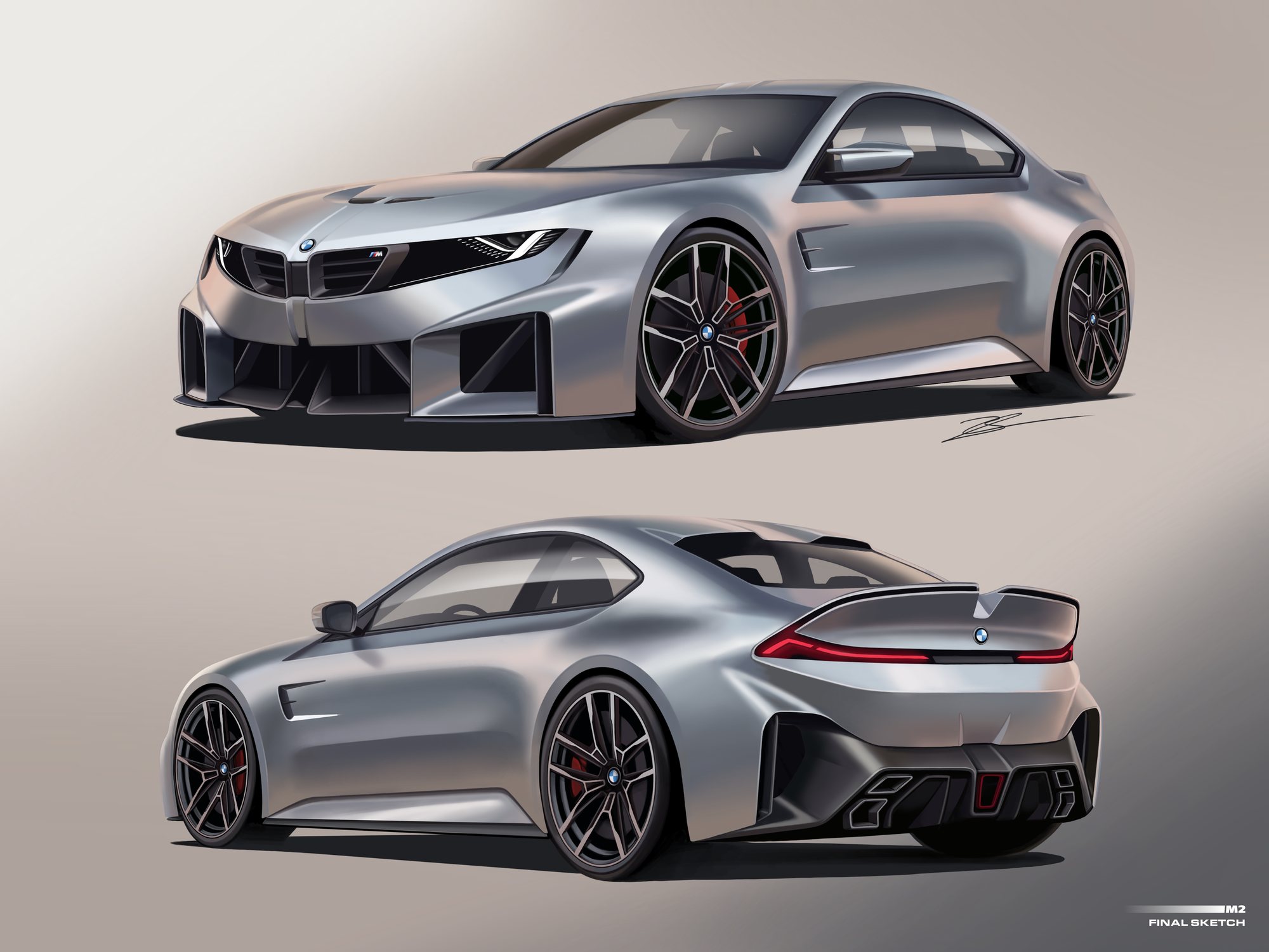 Final sketch, front and rear three-quarter views