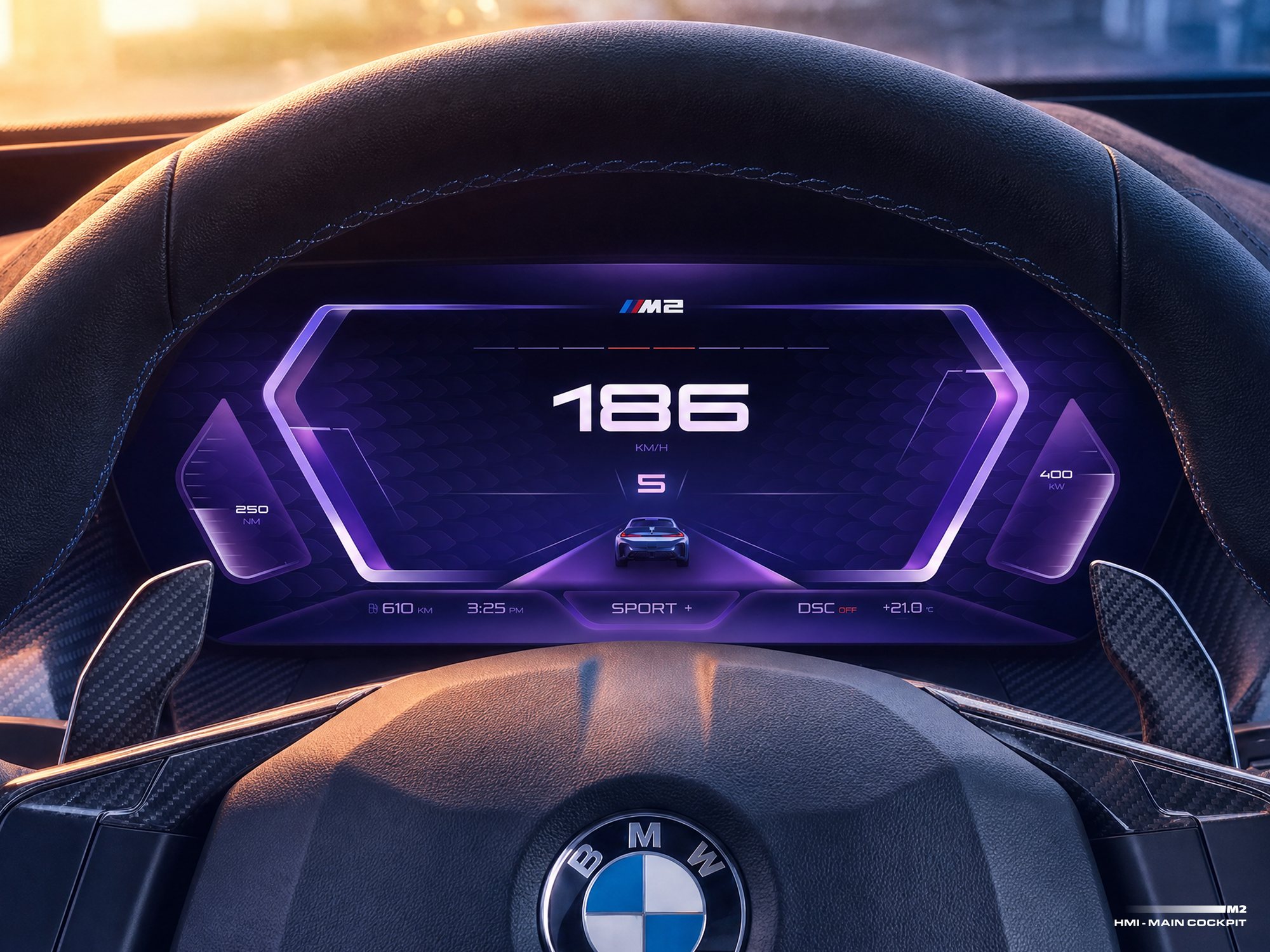 The instrument cluster in situ, behind the steering wheel