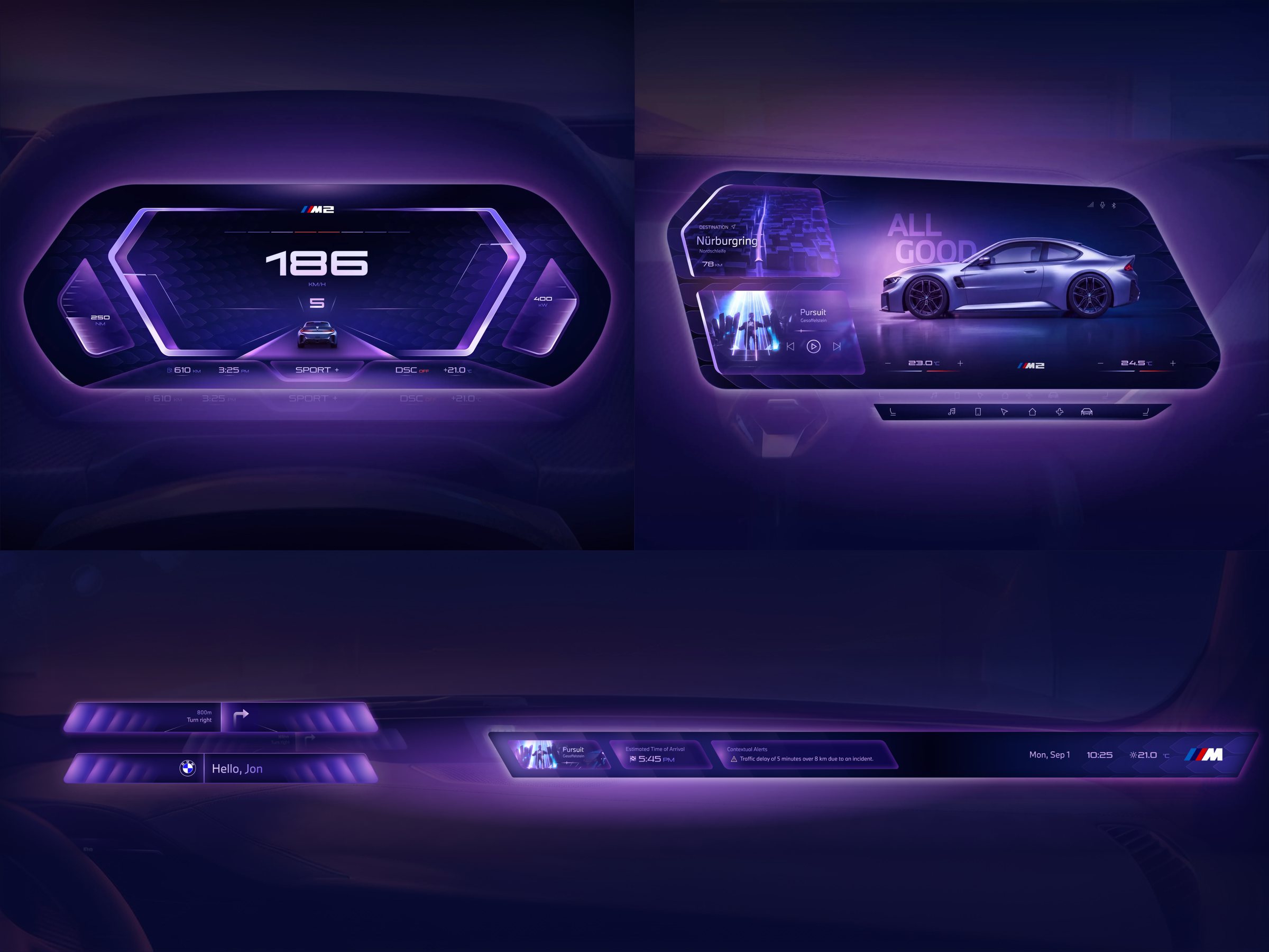 HMI design in Figma: instrument cluster, panoramic screen and the head-up strip