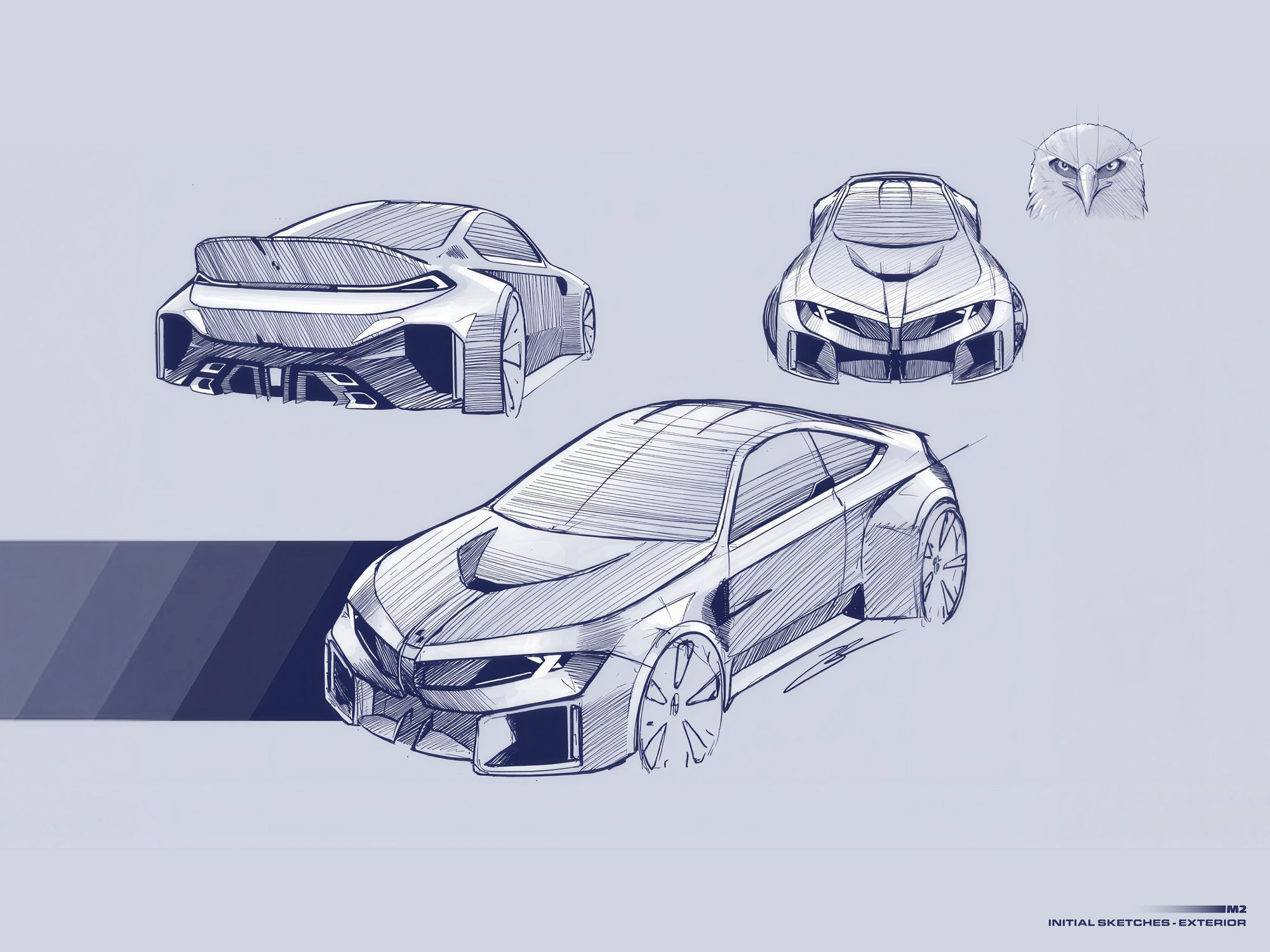 Initial exterior sketches, rear, front and three-quarter views, with the eagle