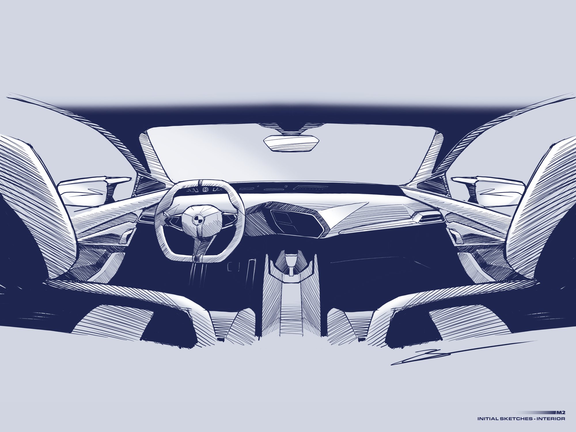 Initial interior sketch, the asymmetric dashboard