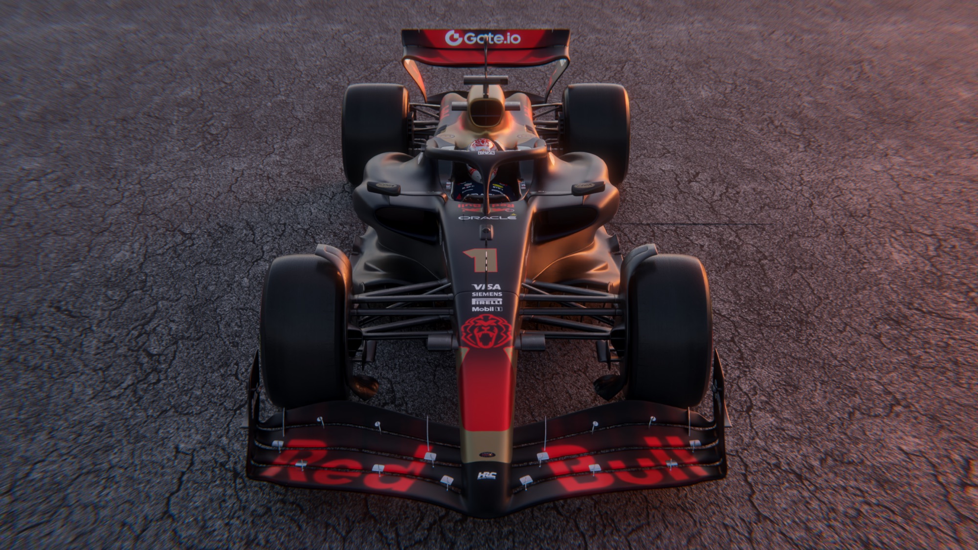Head-on view, gold spine down the centreline, Red Bull front wing